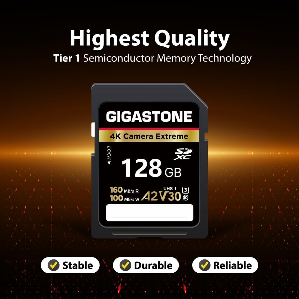 GIGASTONE - Scheda di memoria SD da 128 GB, 4K Camera Extreme, A2 V30 U3 C10 SDXC ad alta velocità, compatibile con fotocamere digitali Canon Pentax Kodak Olympus