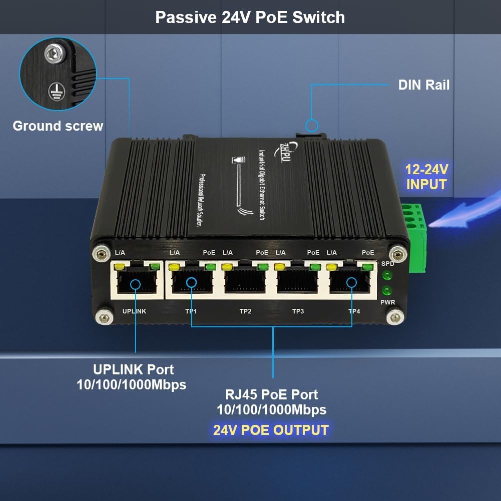 Industrial 5 Ports Gigabit 24V Passive PoE Switch Support DC12V-24V Input to 24V PoE Output, 4 x 24V/18W PoE Ports@72W, IP40, Compact PoE Power for Solar Power/RV Truck/VoIP Systems
