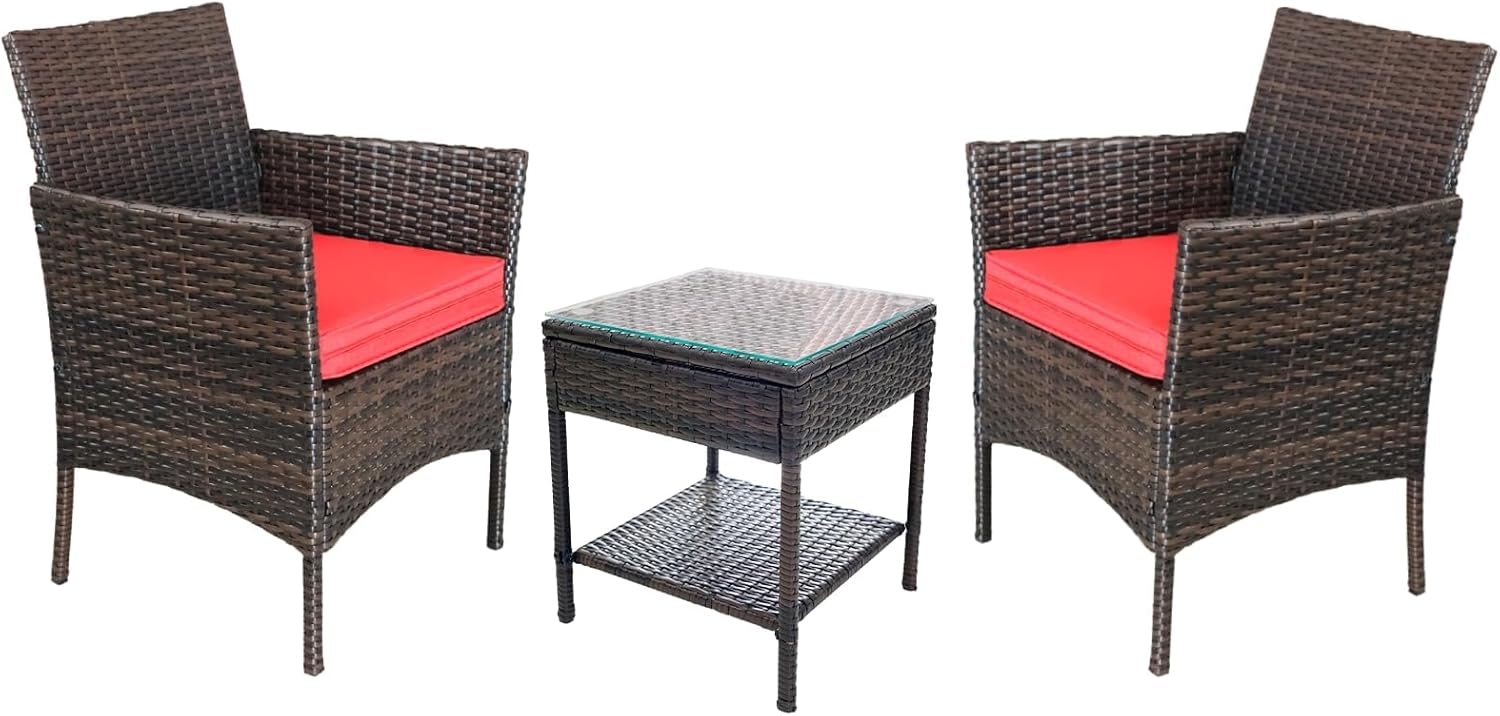 3 Piece Patio Furniture Set Outdoor PE Rattan Wicker Chair with Soft Cushion and Glass Coffee Table for Garden Backyard Porch Poolside (Brown/Red)