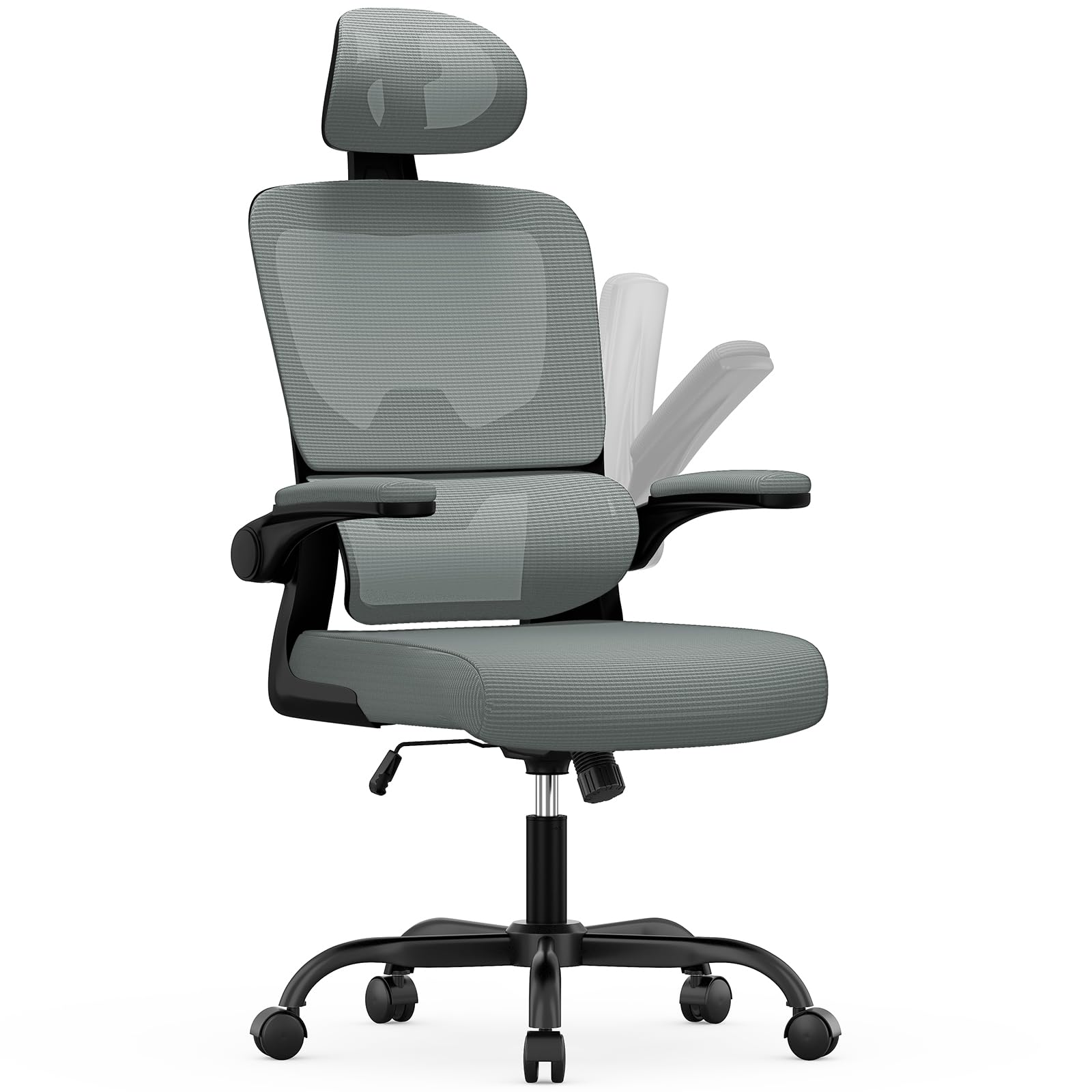 naspaluro Ergonomic Office Chairs, High Big Study Desk Computer Chair with Back Support, Adjustable Headrest and Flip-up Armrests Dark Gray Work Chair, Swivel Comfy PC Mesh Office Chairs for Home