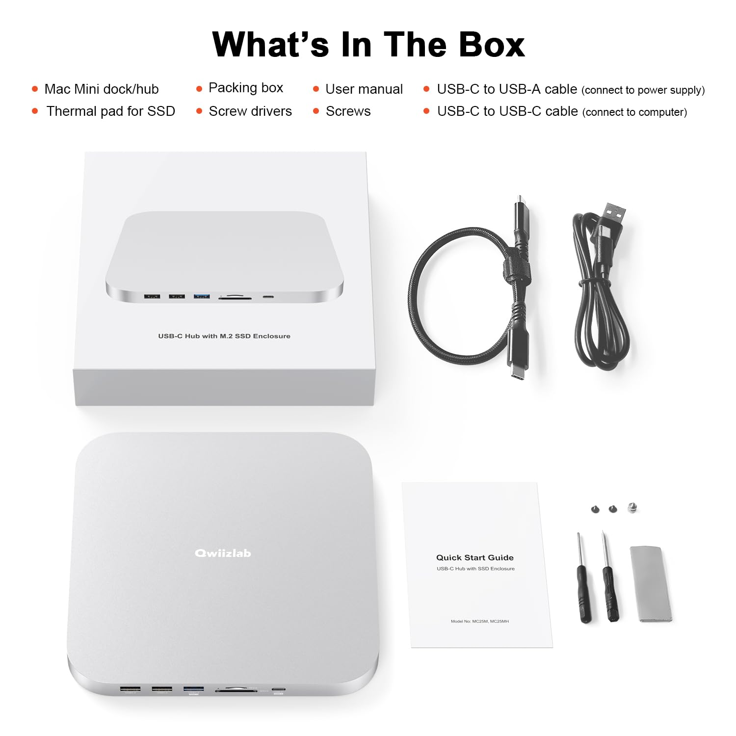 Qwiizlab Hub USB-C con carcasa SSD, estación de acoplamiento para Mac Studio Mac mini M2/M1/Intel, HDMI 4K, tipo C 10 Gbps, lectores de tarjetas de 104 MB/s, se adapta a M.2 PCIe SATA y NVMe SSD