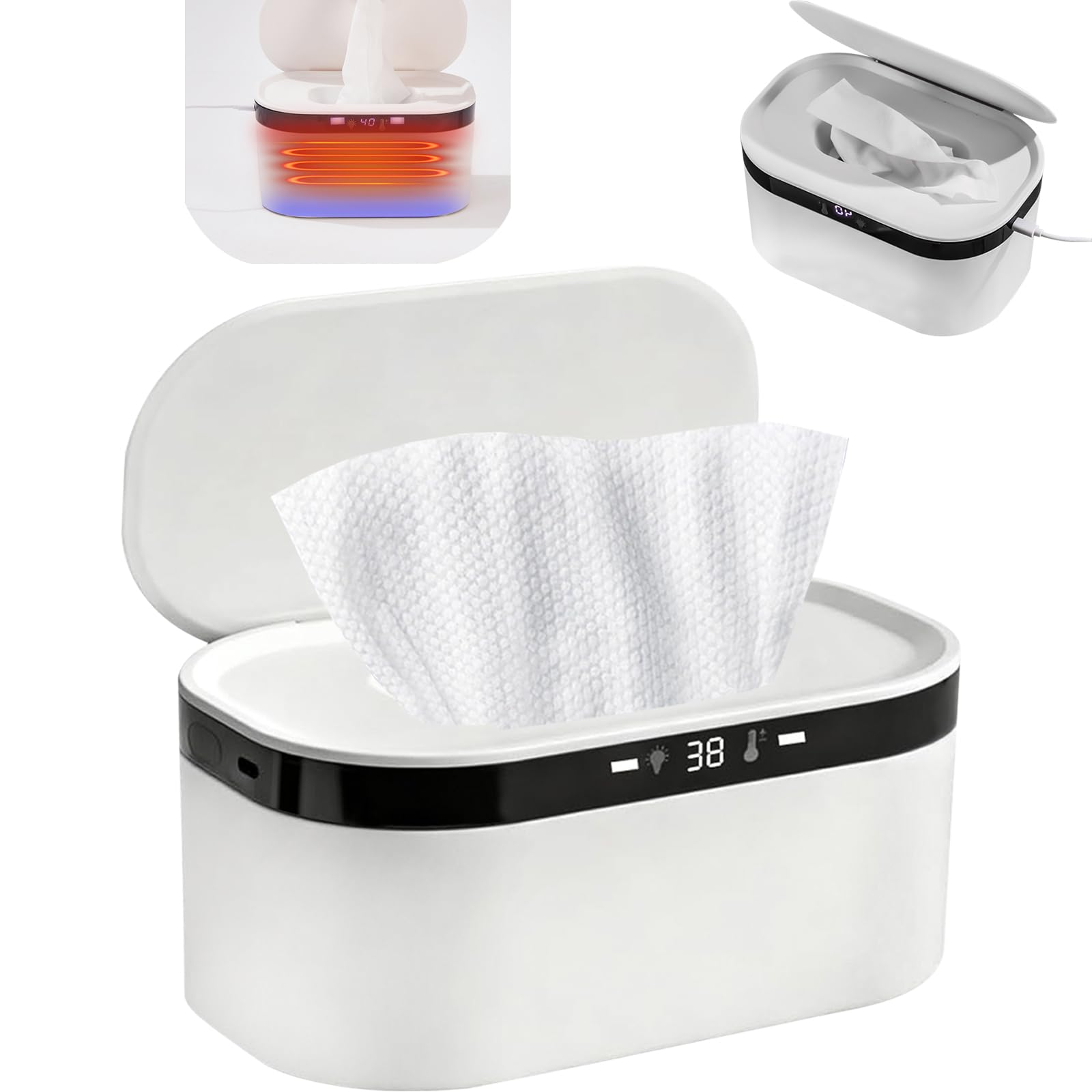 Chauffe-lingettes Bébé, Portable USB Wipes Heater, 3 Niveaux de Chauffage Rapide, Wipes Incubator for Camping, Home, Car, Travel