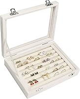 Vicoter Beige Velvet Rings Organizer Tray - 7 Slots Jewelry Earring Storage Display Case with Clear Lid for Women