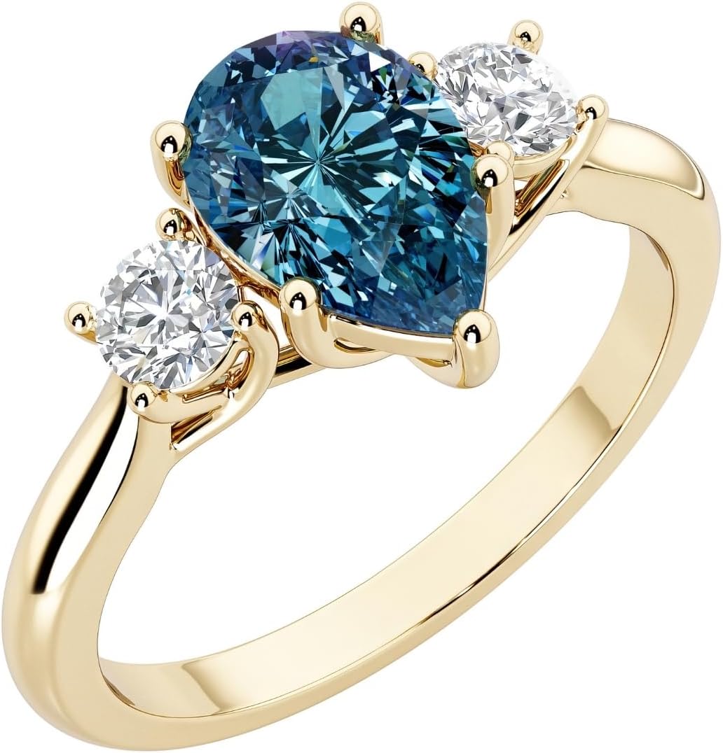 PEORA 3-Stone Pear Shape Shape Created Alexandrite and Lab Grown Diamond Trellis Ring 14K White or Yellow Gold, 2 Carats total, Sizes 4 to 10