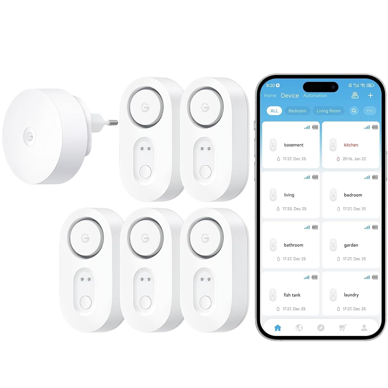 GoveeLife Rilevatore d'acqua intelligente 1s con portata ultra di 550 m, sensore dell'acqua Wi-Fi con SMS/E-mail/app push e allarme acustico, durata della batteria di 5 anni, adatto per cantina