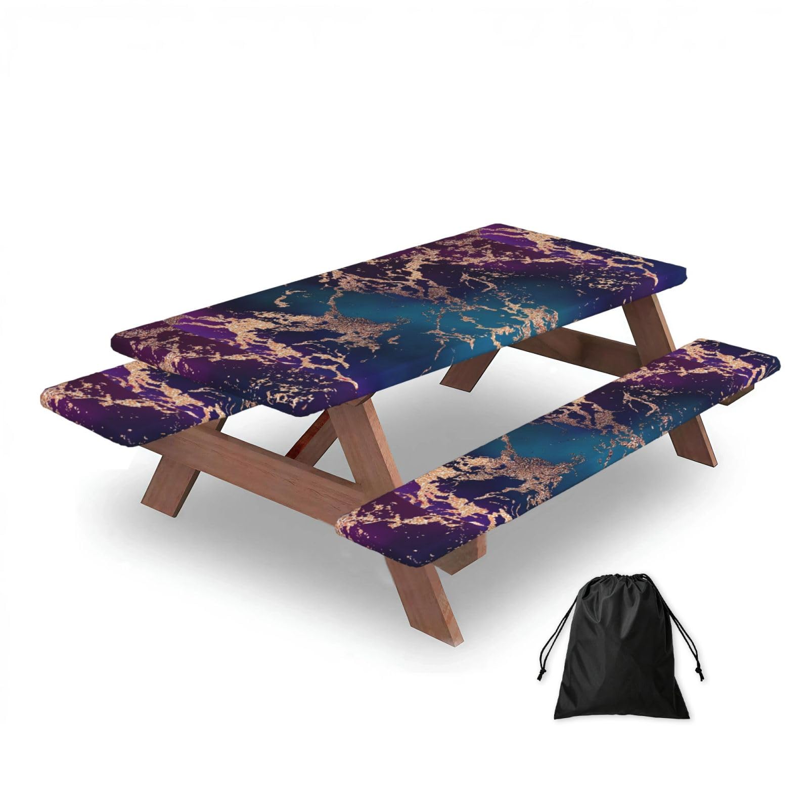 Purple Teal Rose Gold Marble Parties, Picnic Table Cover With Bench Covers -Waterproof Elastic Fitted Tablecloth for Garden Camping Patio 76x152cm