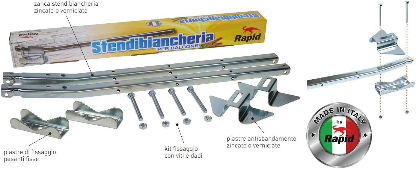 Generico Coppia Stendibiancheria con staffa antisbandamento, bracci da balcone esterno, in acciaio zincato