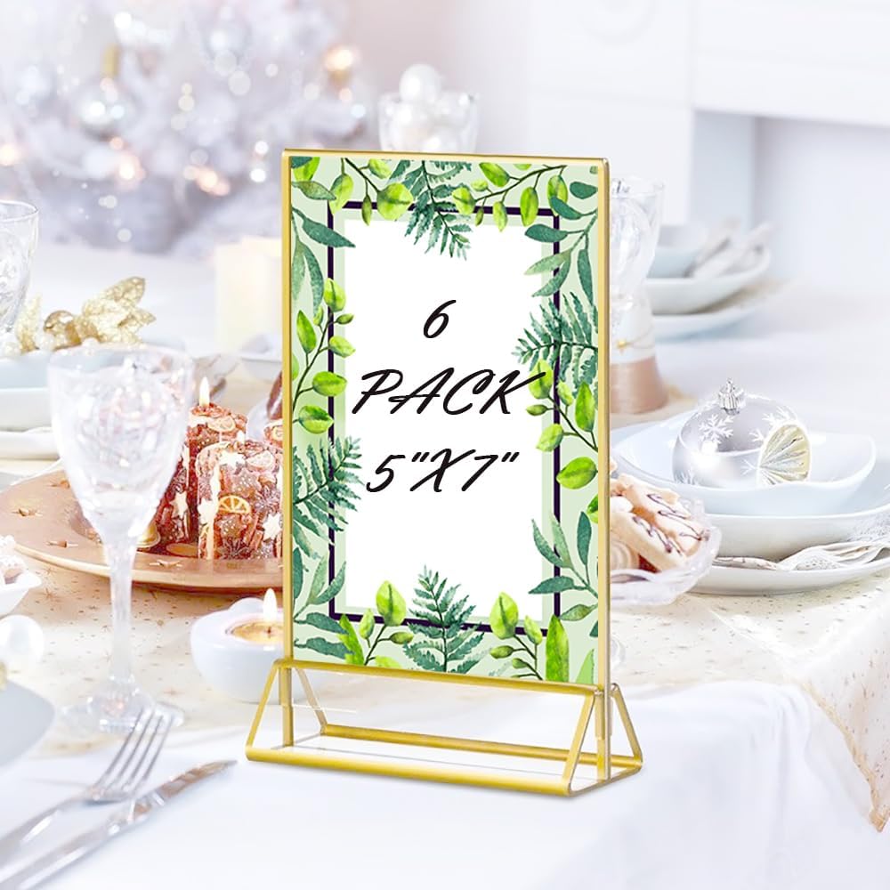 HIIMIEI 横型 アクリル ゴールド サインホルダー 7x5 ゴールド アクリル 写真フレーム クリア 両面 メニューホルダー  ウェディングテーブル用 ナンバー6パック アクリルサインホルダー 両面ゴールドテーブル番号ホルダー 写真フレーム 写真&amp;アート クリアディスプレイスタンド メニュー