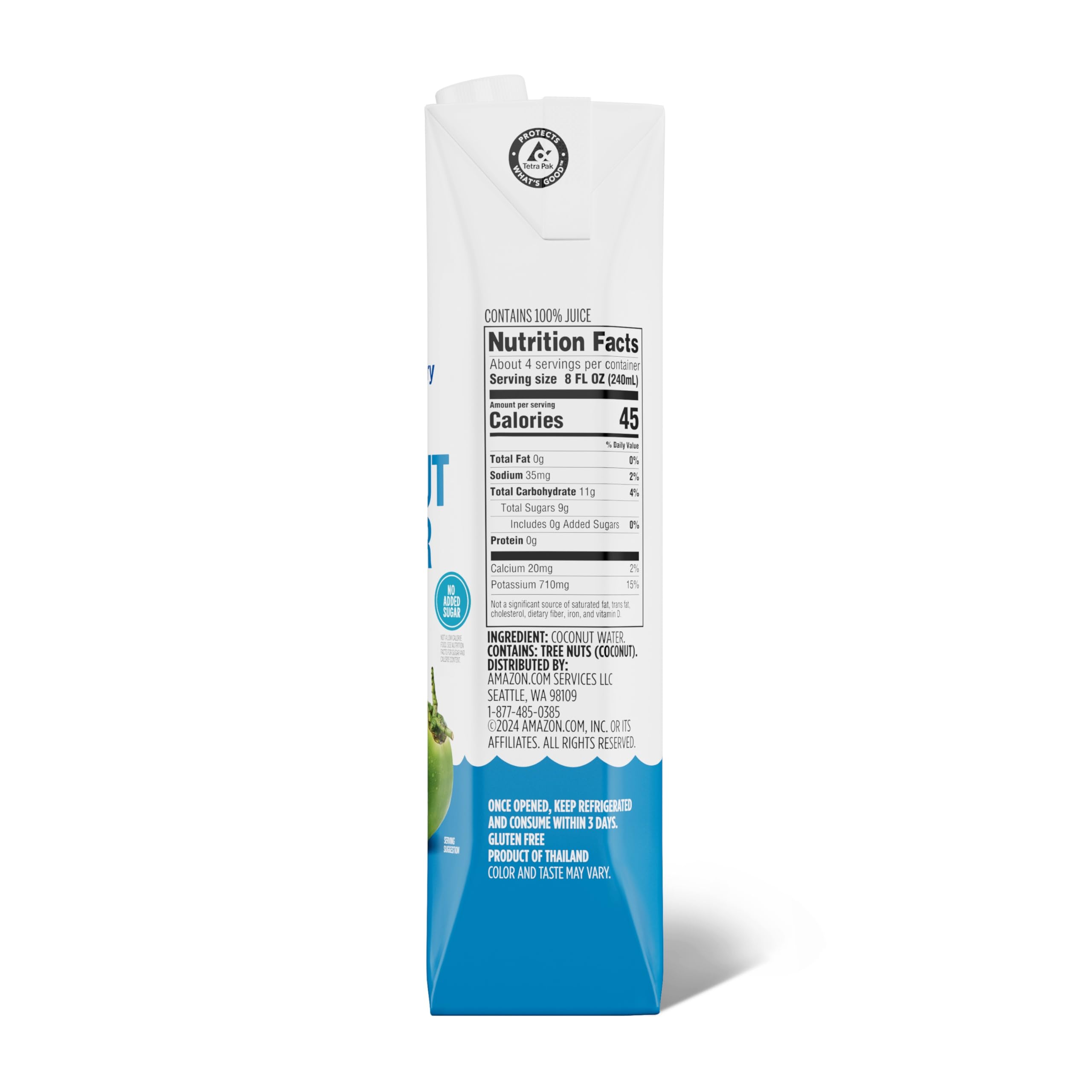 Amazon Fresh, 100% Pure Coconut Water Original, Not from Concentrate, 33.8 Fl Oz