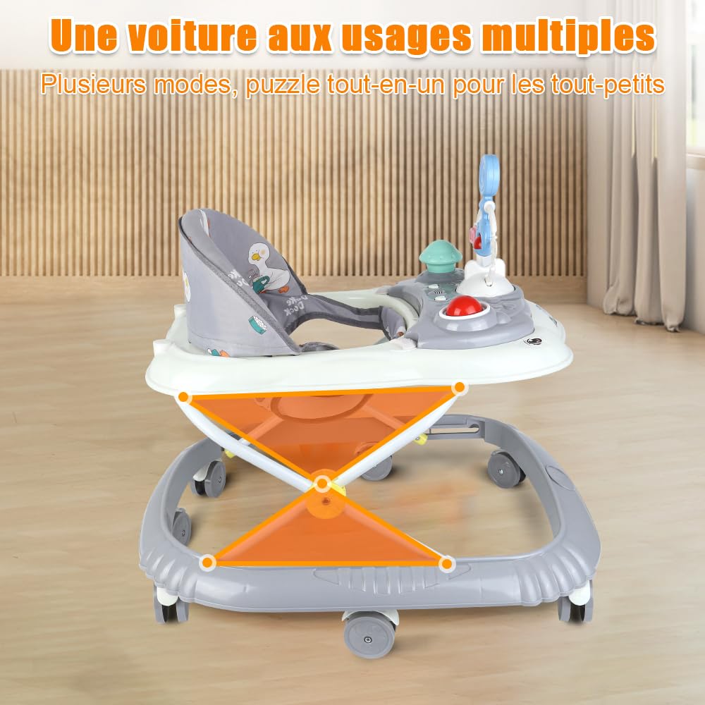 Girello per bambini 5 in 1, girello pieghevole per bambini, con 4 altezze regolabili, luci, musica, vassoio attività rimovibile, portata 12 kg, per 6 mesi-67 x 72 x 92 cm, grigio (B)