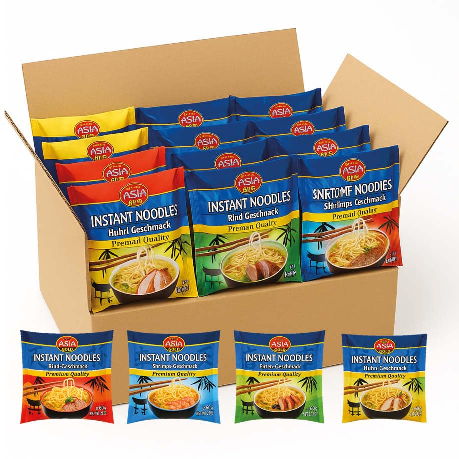 Asia Gold Instant Nudeln Probierset (30er Pack) – Asiatische Fertignudeln mit verschiedenen Geschmäckern (10x Huhn, 10x Rind, 5x Ente, 5x Shrimps) – Schnell zubereitet, ideal für Büro, Uni & unterwegs