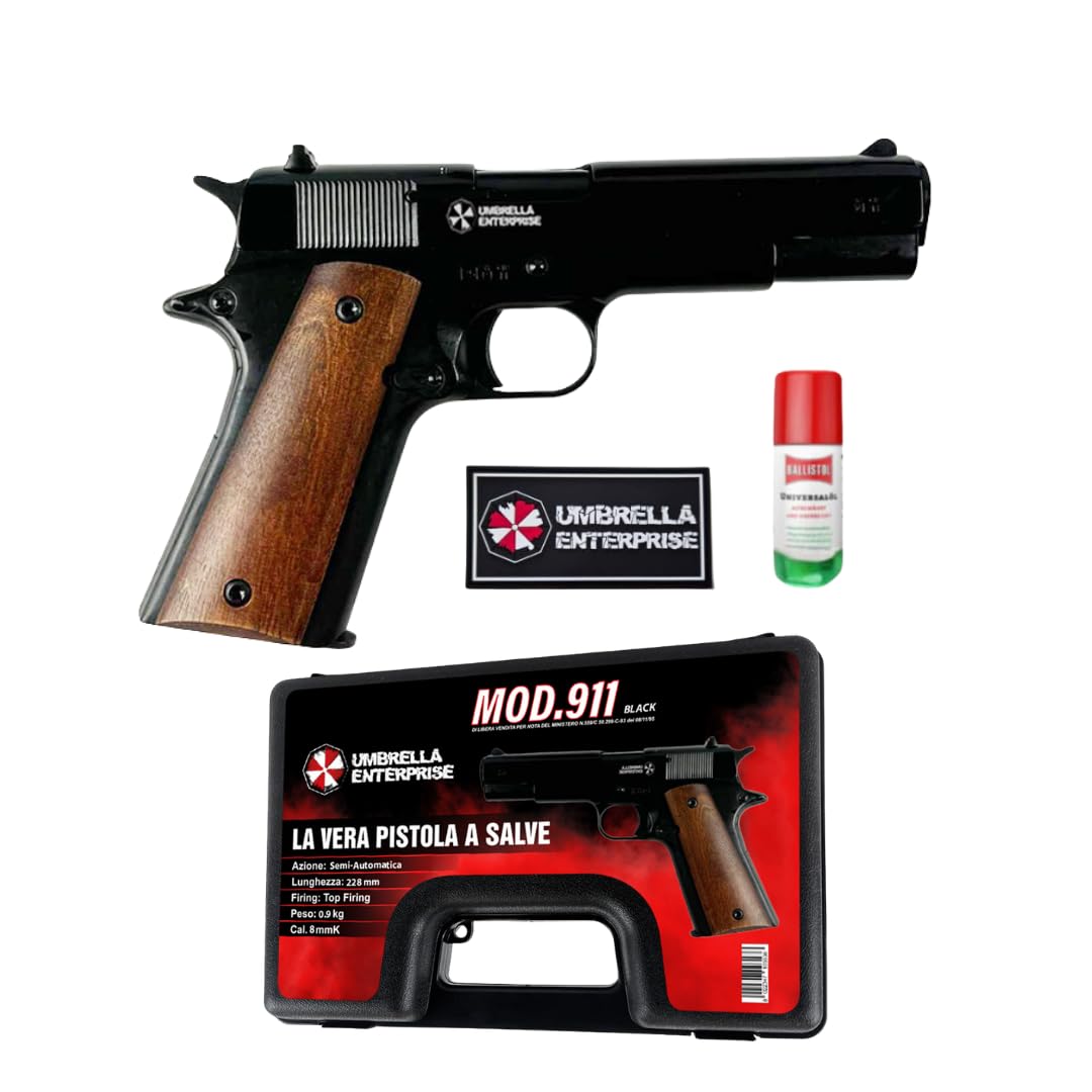 Pistola a Salve Mod. 1911 Top Firing 9 mm, Segnalatore Acustico Scacciacani/Addestramento, Nera e legno - Kit con Olio Ballistol incluso
