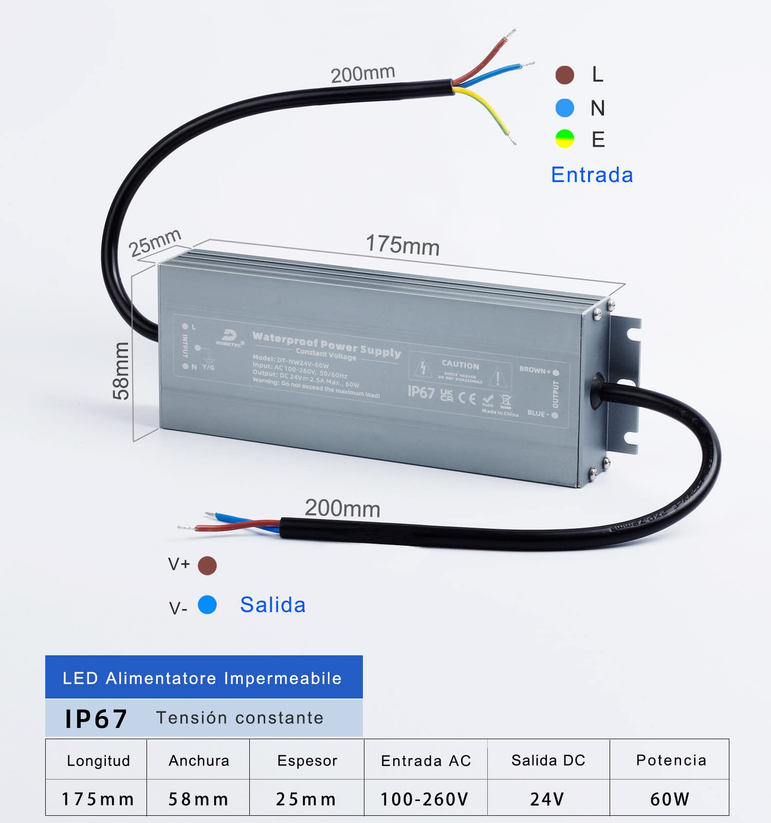 Transformador LED 24V 60W 2.5A, IP67 Driver Impermeable Ultrafino, Fuente de Alimentación LED Interior o Exterior, Voltaje Constante Adaptador para Tira de Luz y G4 MR16 Luces LED, DUSKTEC | Transfo 220 V/230 V AC a DC, controlador LED de baja tensión con