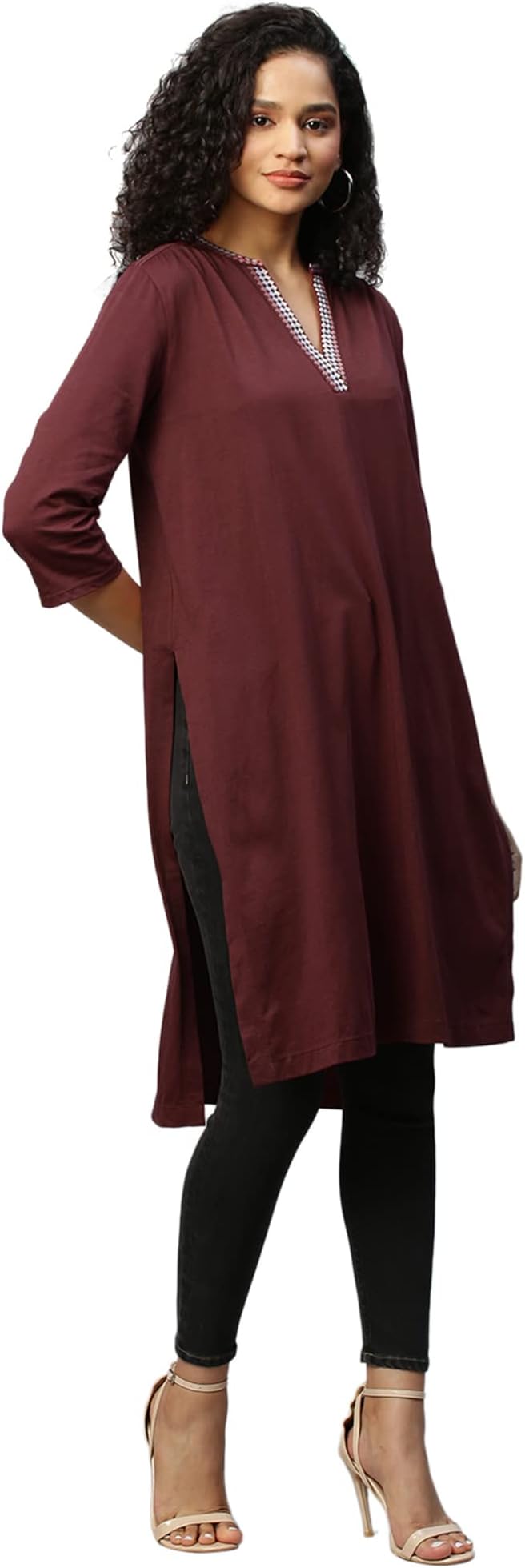ChemistryWomen's Burgundy Cotton Longline Embroidered Jersey Tunic | Regular Ethnic Wear | Soft & Comfortable|Delicate Embroidery Detailing | Versatile and Stylish for perfect Modern Indian Style