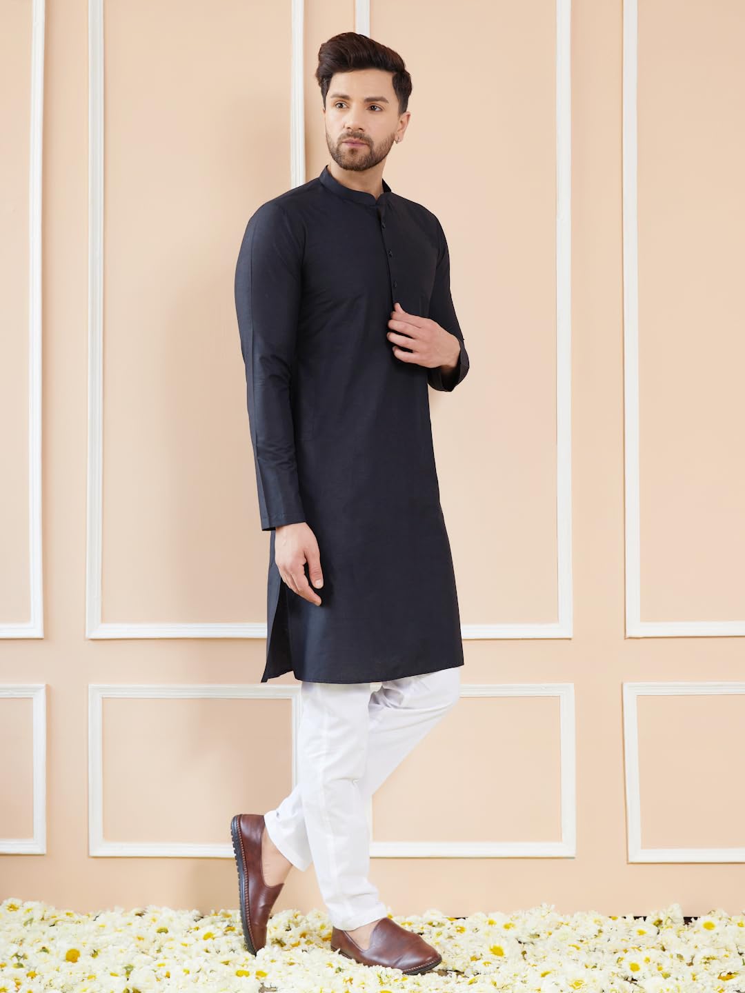 See Designs Men Full Sleeve Side Slit Black Cotton Solid Straight Mandarin Collar Kurta - Sdkt2411Xl