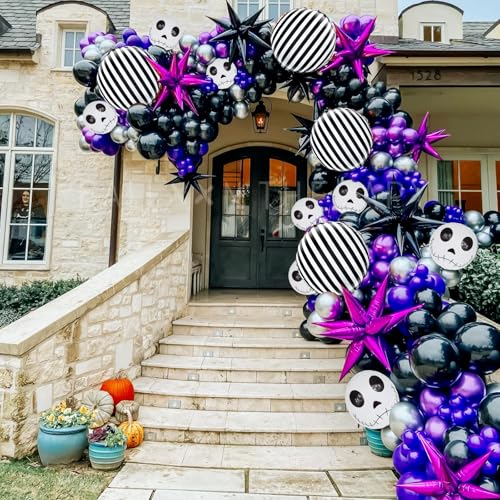 Image of Halloween Balloons Decorations 18 Inch Skull Black and White Striped Mylar Foil Balloon Skeleton Balloons for Halloween Birthday Spooky Baby Shower Party Decoration