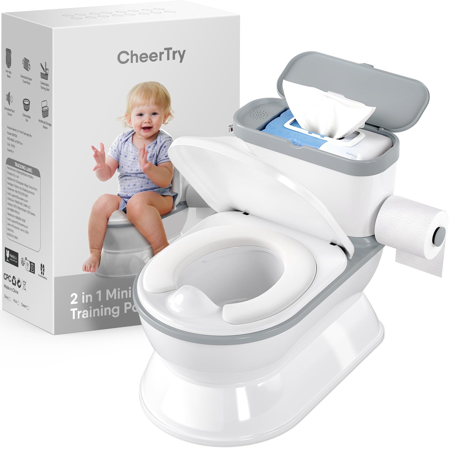 2-in-1 toddler potty training toilet - larger potty chair & detachable training seat for boys & girls ages 1-3 with flushing sound, wipes storage, toilet paper holder - grey