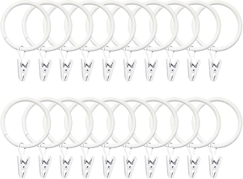 FAYLEZ 1.2 Inch Smooth White Metal Curtain Rings with Clips Set of 20