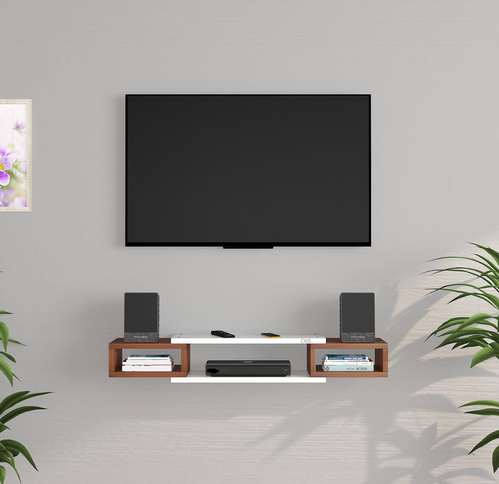 DAS AINA Engineered Wood Wall Mount TV Entertainment Unit/Tv Rack Set to Box Stand with Wall Shelves for Living Room (Ideal for up to 43") Screen Classic Walnut & Frosty White Finish-image-38