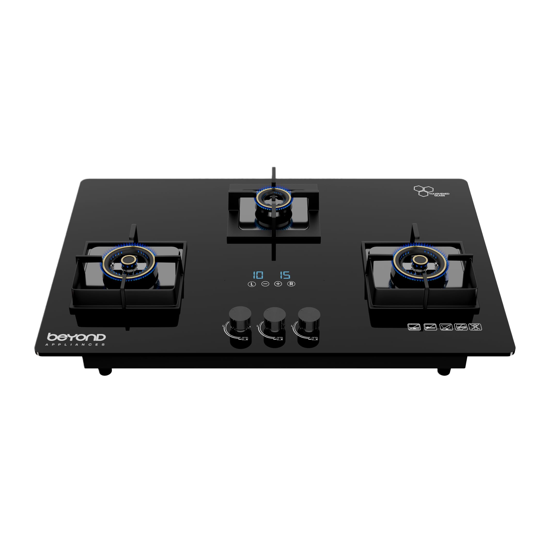 Beyond Appliances Dorado 3 Burner Smart Glass Hobtop Gas Stove | Auto Ignition | Digital Timer | Flame Failure Device | Toughened Glass | LPG & PNG Compatible