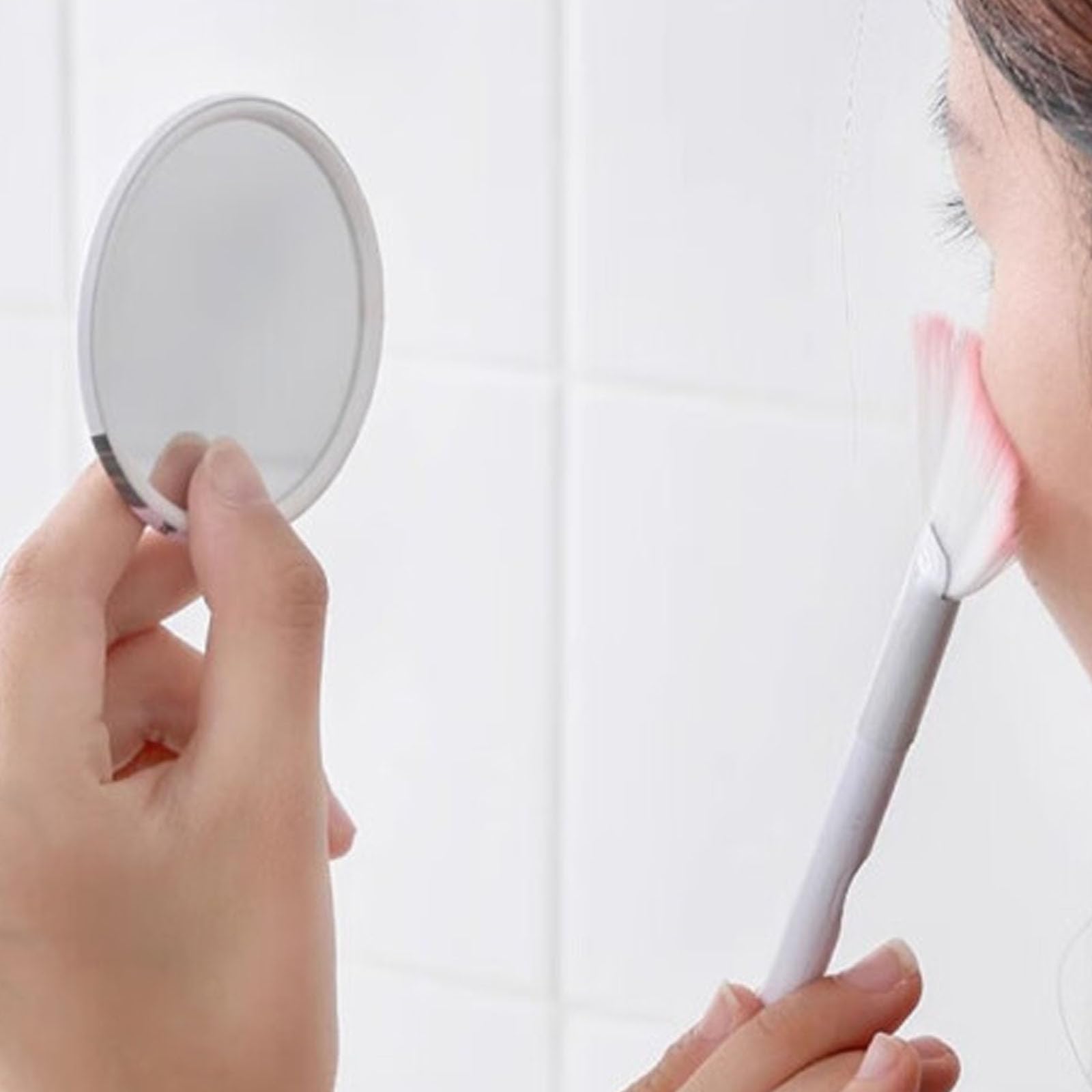 specchio a mano bifacciale, specchio a mano con manico, lente d'ingrandimento trasparente multifunzione 1x/2x, adatta per il trucco quotidiano femminile., SMJ-2X