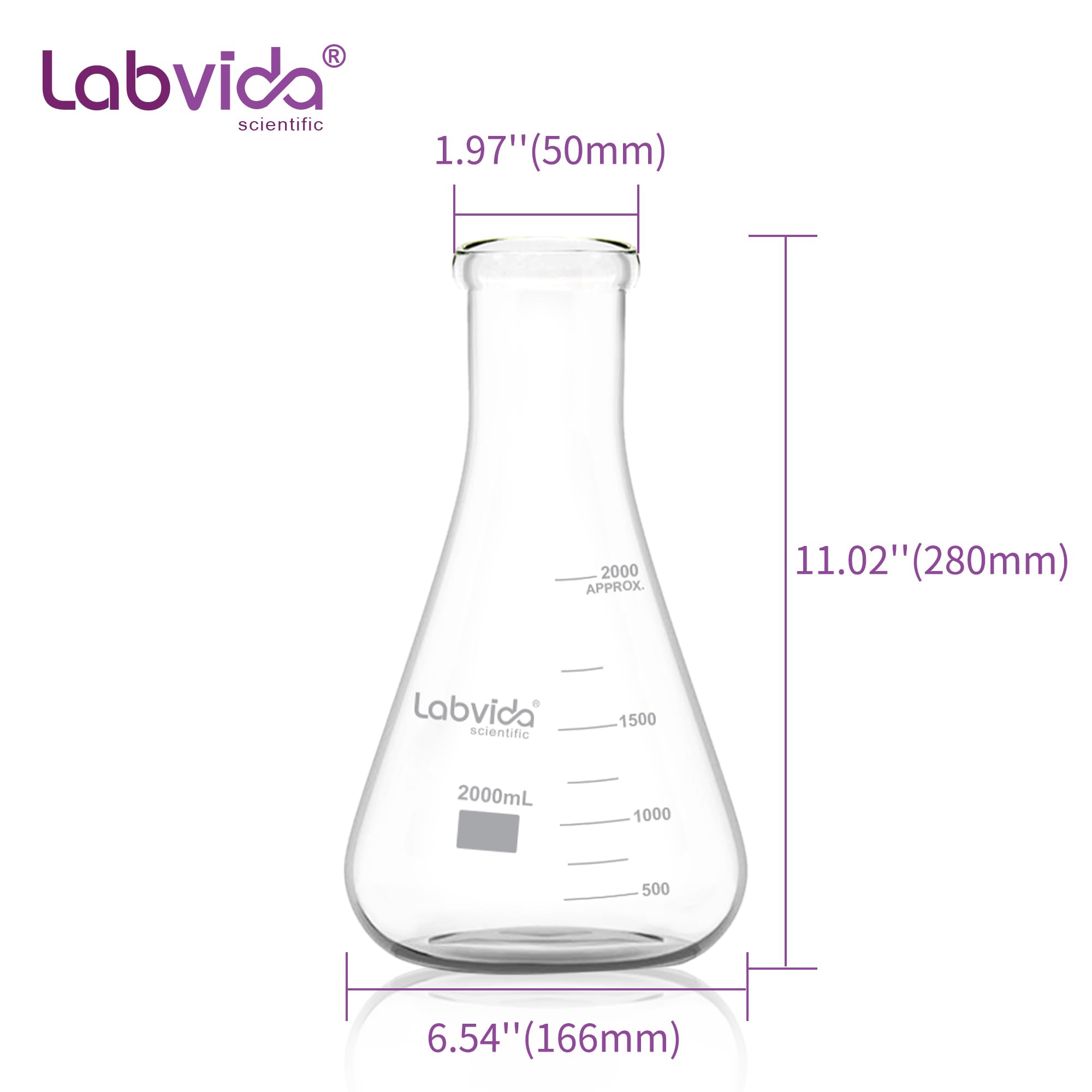 Frascos Erlenmeyer de vidrio de boca estrecha, Vol.2000ml, 3.3 Borocilicato con graduación impresa, LVC010