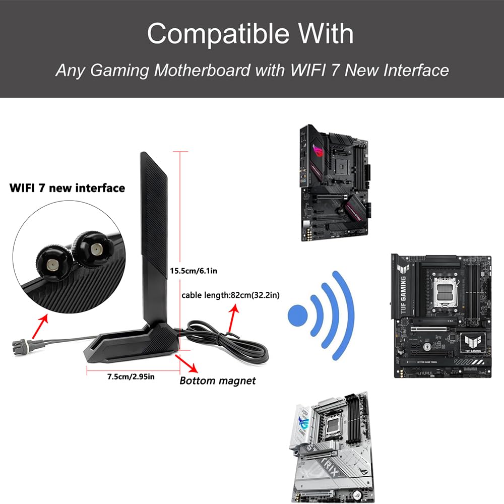 Gintai Antenne WiFi 7 Amplifiers Tri-Bande 6GHz/5GHz/2.4GHz WLAN Antenne WiFi PC pour WiFi 7 Carte,12dBi Bluetooth 5.4,Base Magnétique, Amplificateur Signal 802.11be pour PC/Routeur/Carte PCI