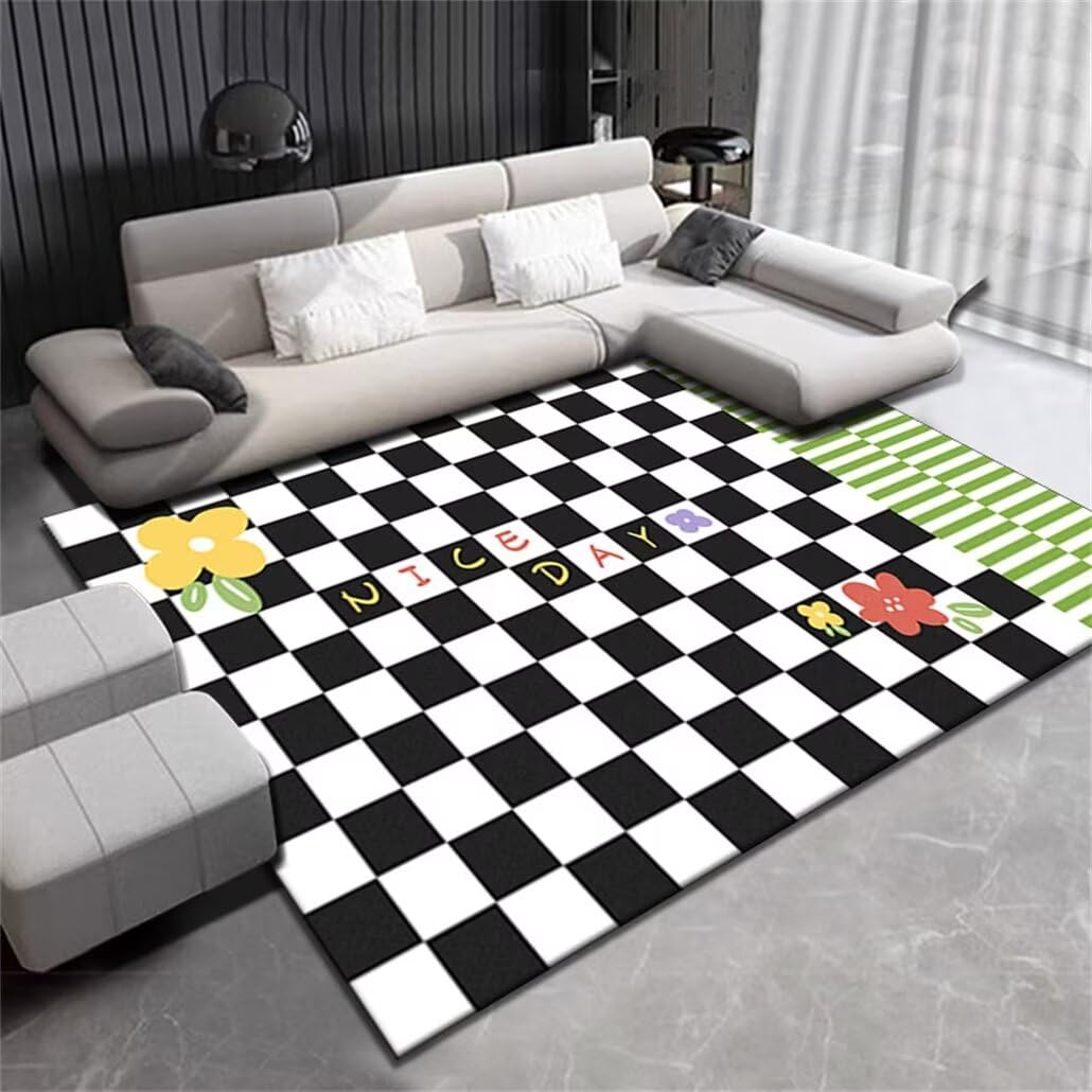 Tapis de salon lavable à carreaux 140x180 cm carpette anti tache et jeu