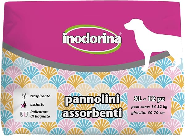Inodorina, Couches absorbantes jetables, Technologie Respirante et indicateur de mouillé avec Trou pour Queue et ailettes Longues, pour Chiens pesant 16-32 kg, Taille XL, 12 pièces