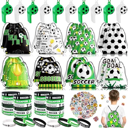 Miucat 98Pcs Soccer Party Favors, Soccer Drawstring Bags with Silicone Bracelet Soccer Whistles Stickers Soccer Goodie Bags for Soccer Party Decorations Party Supplies