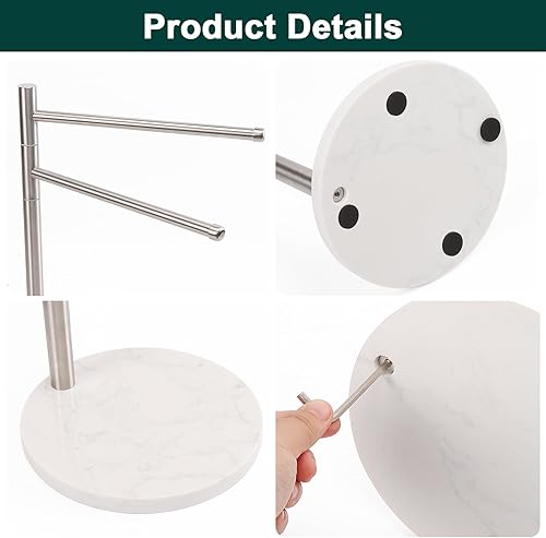 Miniatura 8 de BathAce Toallero de mano, soporte para toallas de mano en forma de F con base de mármol, soporte de acero inoxidable con 2 brazos giratorios,