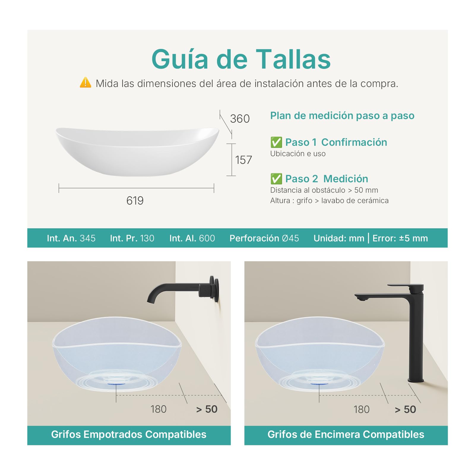 EMKE Lavabo para montar 615 x 360 x 155 mm,Blanco Brillante | Lavabo ovalado de cerámica para baño, instalación sobre encimera, lavabo para baño y WC de invitados