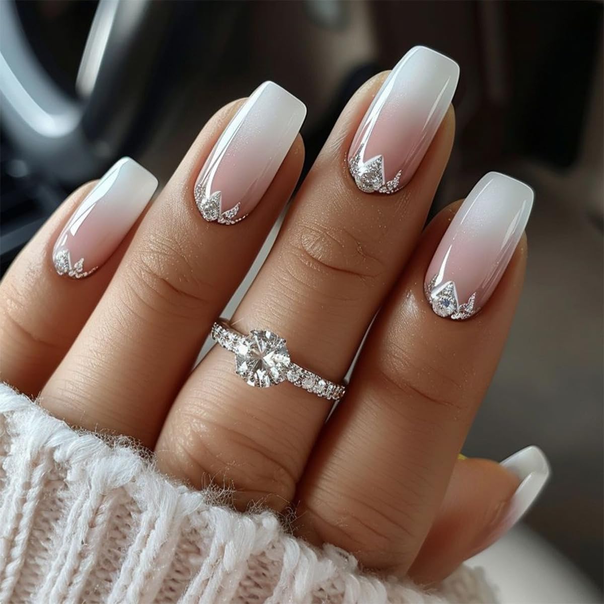 Medium Press on Nails Pink White Gradient Fake Nails with Silver Glitter Designs Cute Square False Nails Stick on Nails Glossy Acrylic Nails Reusable Glue on Nails for Women Girls 24 Pcs