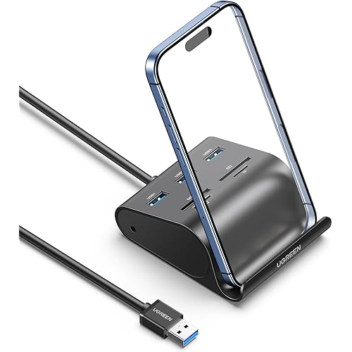 UGREEN USB Card Reader USB 3.0 Hub 3 Ports with SD TF MS M2 Card Adapter and Phone Stand Dock Combo for iMac MacBook Pro Air MacBook Retina Mac mini Windows Surface Pro IdeaPad PC LaptopTablet