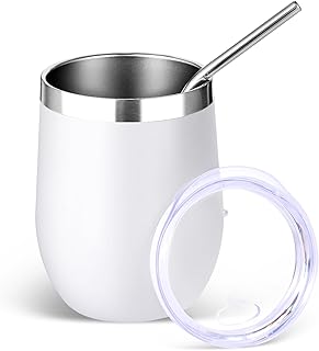 Volhoply Kubek do wina ze stali nierdzewnej 350 ml z pokrywką i słomką, 350 ml, izolowane próżniowo kieliszki do wina, podróżny kubek do kawy do zimnych napojów, małe kubki, prezenty dla kobiet (biały