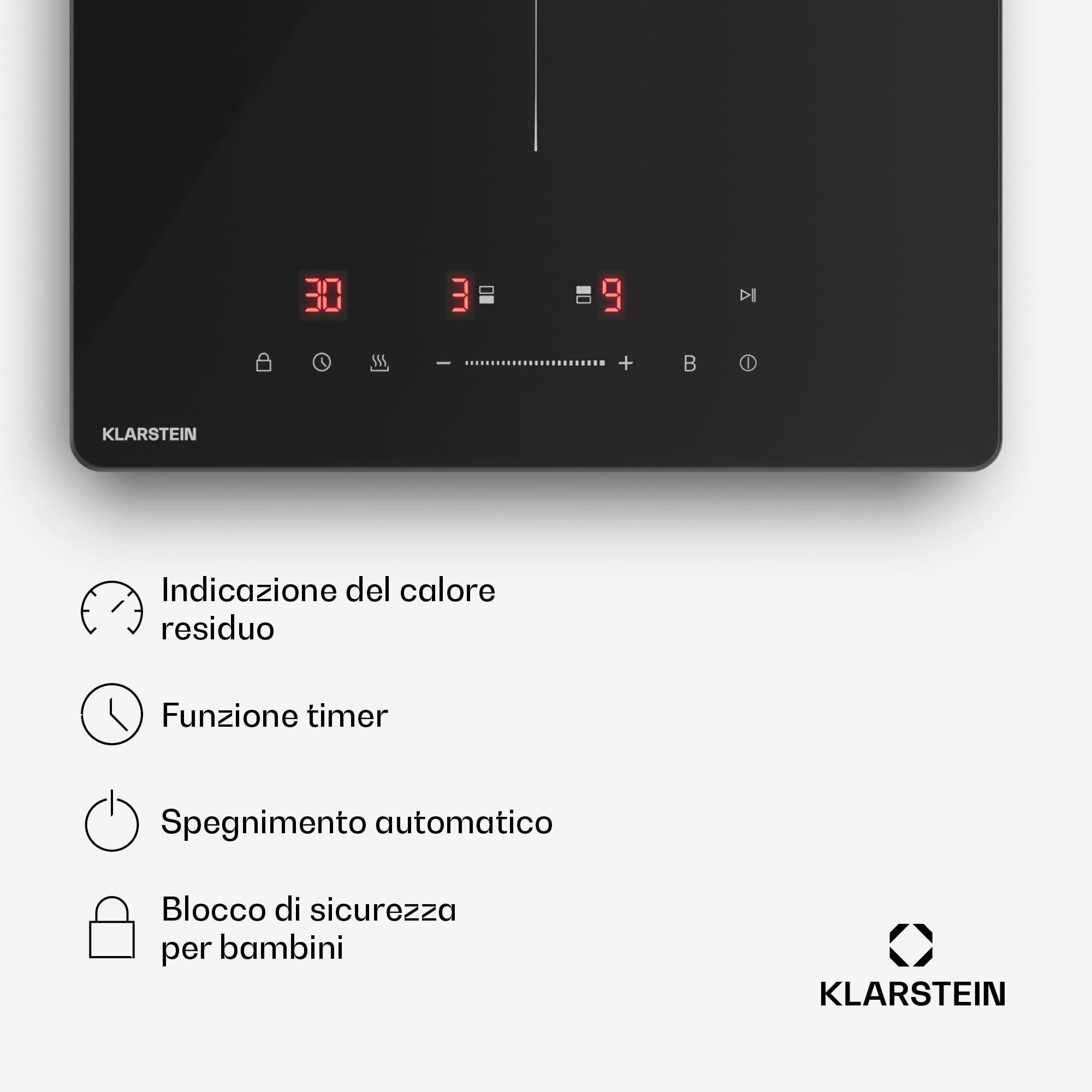 Klarstein PowerGlide Piano Induzione 30cm - 2 Zone, 3500W Boost, Cursore Touch, Timer, Blocco Bambini, Vetroceramica Facile da Pulire - Piastra Induzione Compatta da Incasso, Nero