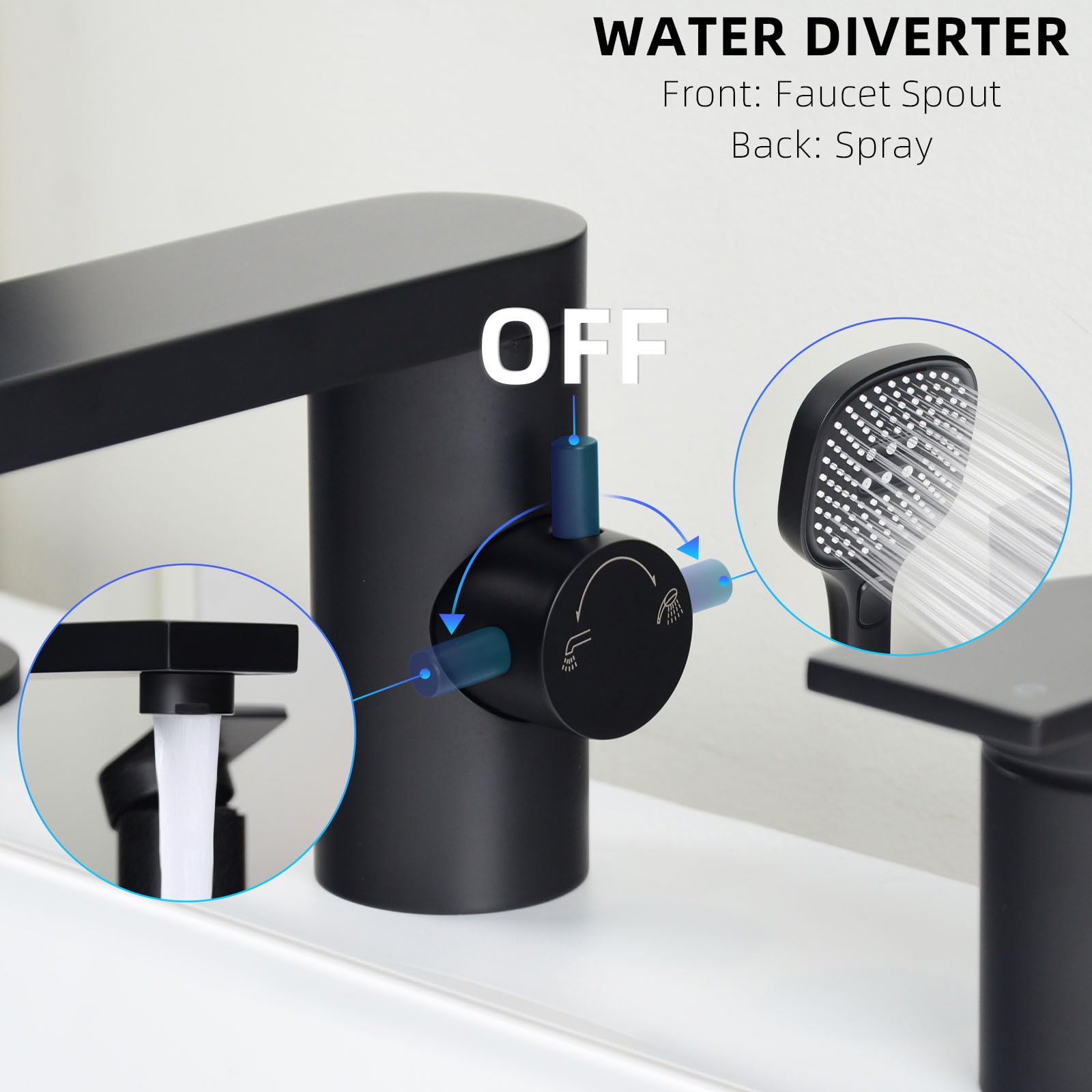 PHASAT Grifo para Borde de Bañera de 3 Orificio, Grifo de Bañera con Ducha de Mano y Manguera, Mezclador de Latón para Baño Caliente y Frío Ajustable Negro Mate PTBB20E