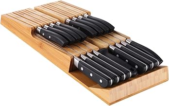 Kiss Core Bamboo in-Drawer Knife Block, Knife Organizer for Kitchen Drawer for 16 Knives and 1 Sharpening Steel(Not Included), Large in-Drawer Washable Removable Cutlery Organizer Tray