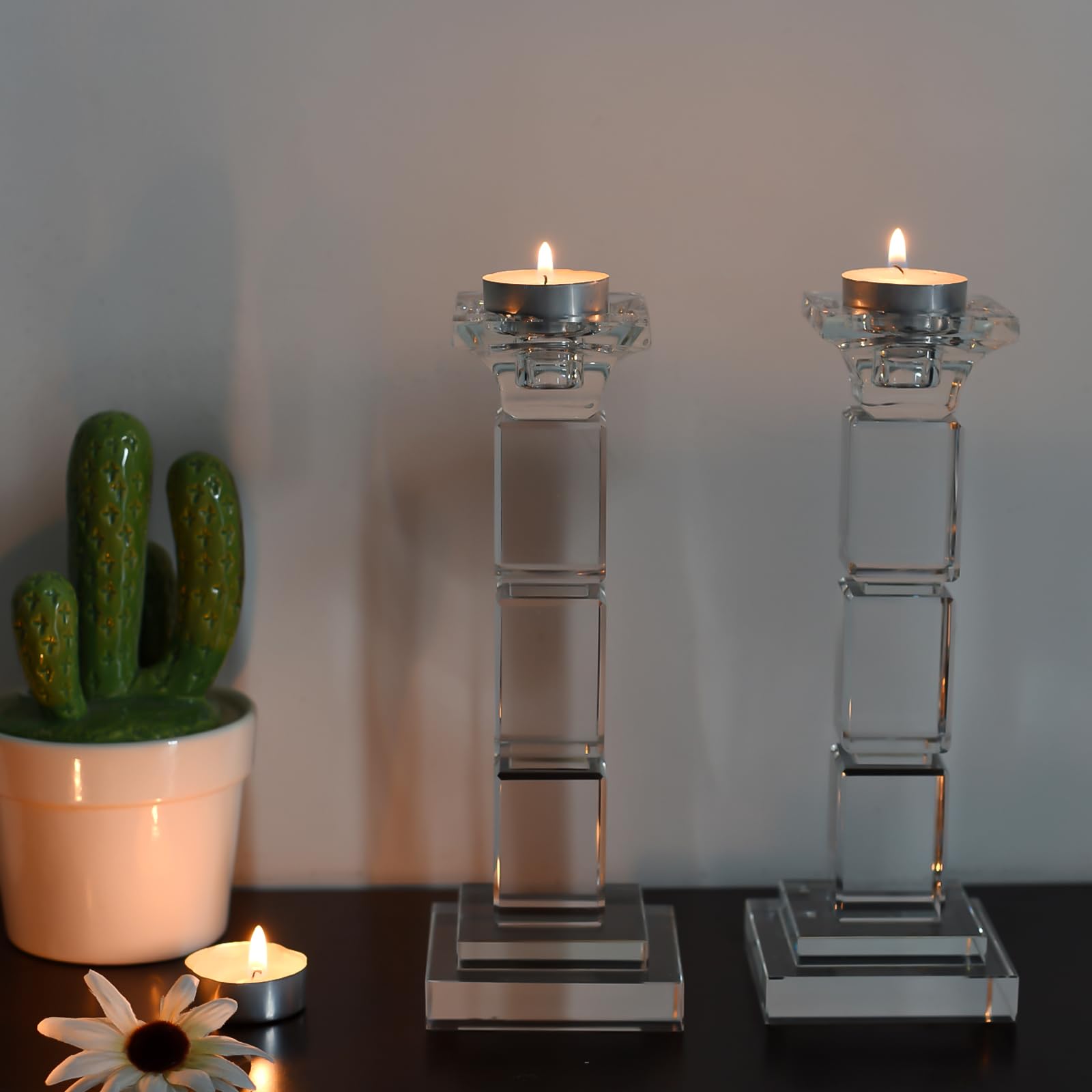 Kristall Kerzenhalter Set, 2 Stück, Dual-Use für Stumpenkerzen & Teelichter, Moderner Leuchter mit elegantem Design als Tischdeko für Hochzeit, Wohnzimmer & Restaurant