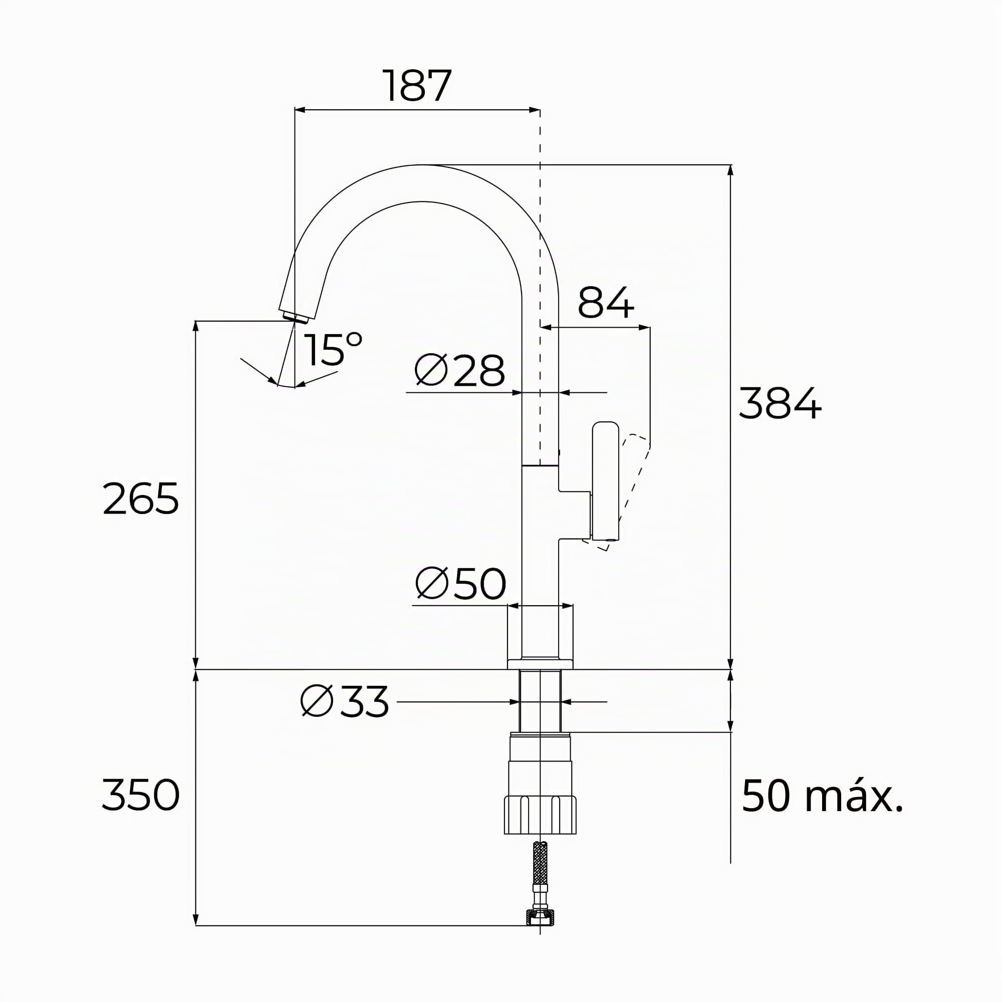 TEKA Grifo Cocina Monomando, Caño Alto Giratorio 360°, Aireador Antical con Ranura, Cartucho Cerámico, Tubos Flexibles 3/8", Modelo OVAL 915 Serie Oval