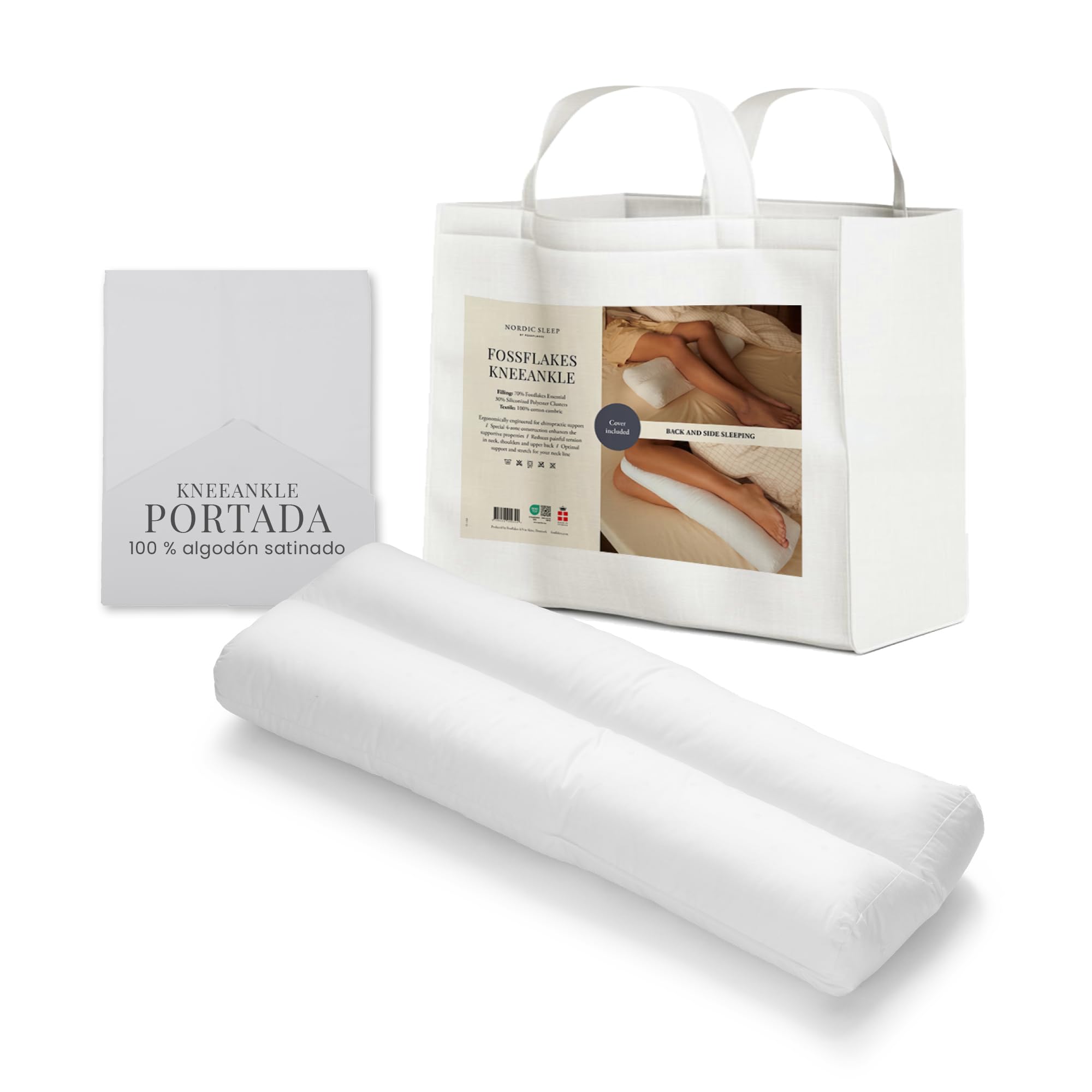 FOSSFLAKES KneeAnkle Almohada de Piernas para Dormir de Lado, Rodillas | Almohada entre las piernas para dormir de lado; cojín de apoyo para rodillas y caderas con relleno Fossflakes, 24x68 cm