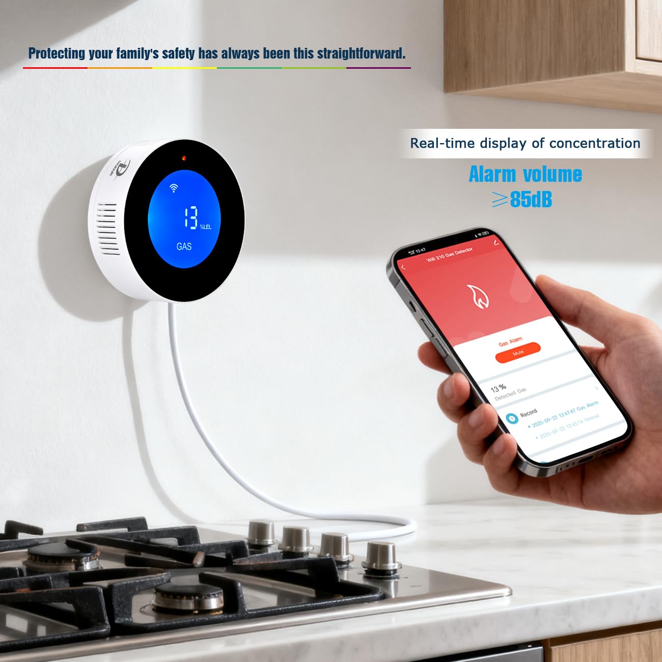 Detectores de Gas natural con WiFi, alarma portátil de fugas de gas compatible con aplicación inteligente, Tuya, sensor de gas metano con alarma de voz de 85 dB y alarma visual de concentración de gas