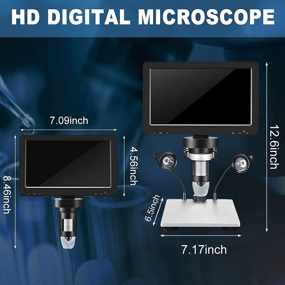 Microscopio Digitale, 7'' Schermo Hd 12mp 1200x Fotocamera 8 Led Microscopio Professionale a Luce Con Controller a Filo, Per La Riparazione Orologi Valutazione Di Gioielli Ricerca Scientifica