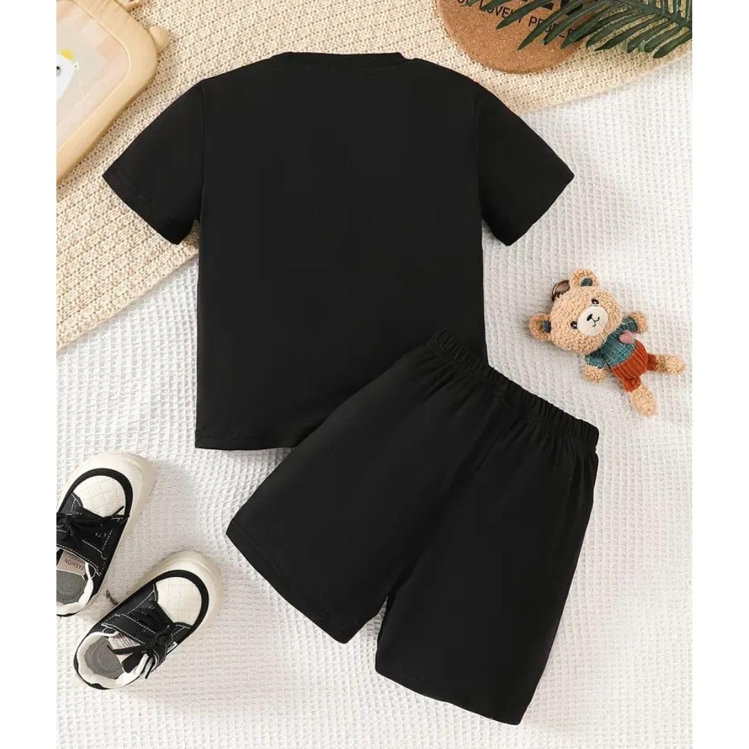 Fommy Adorable Teddy Print Cotton Half Sleeve T-Shirt & Shorts Set for Boys Girls – Kids Clothes for Girls, Baby Girl Summer Dress | Cute Butterfly Summer Outfit | Cotton Clothing Set| Color-Black