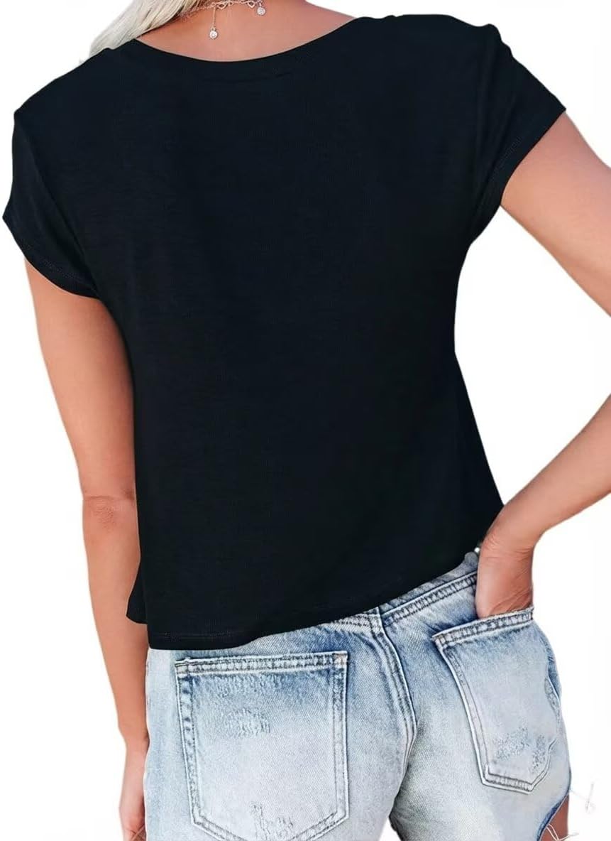 WMZCYXY Women V Neck Crop Tops Cap Sleeve Loose Fit Cropped T Shirts Casual Summer Solid Color Basic Tees - Image 4