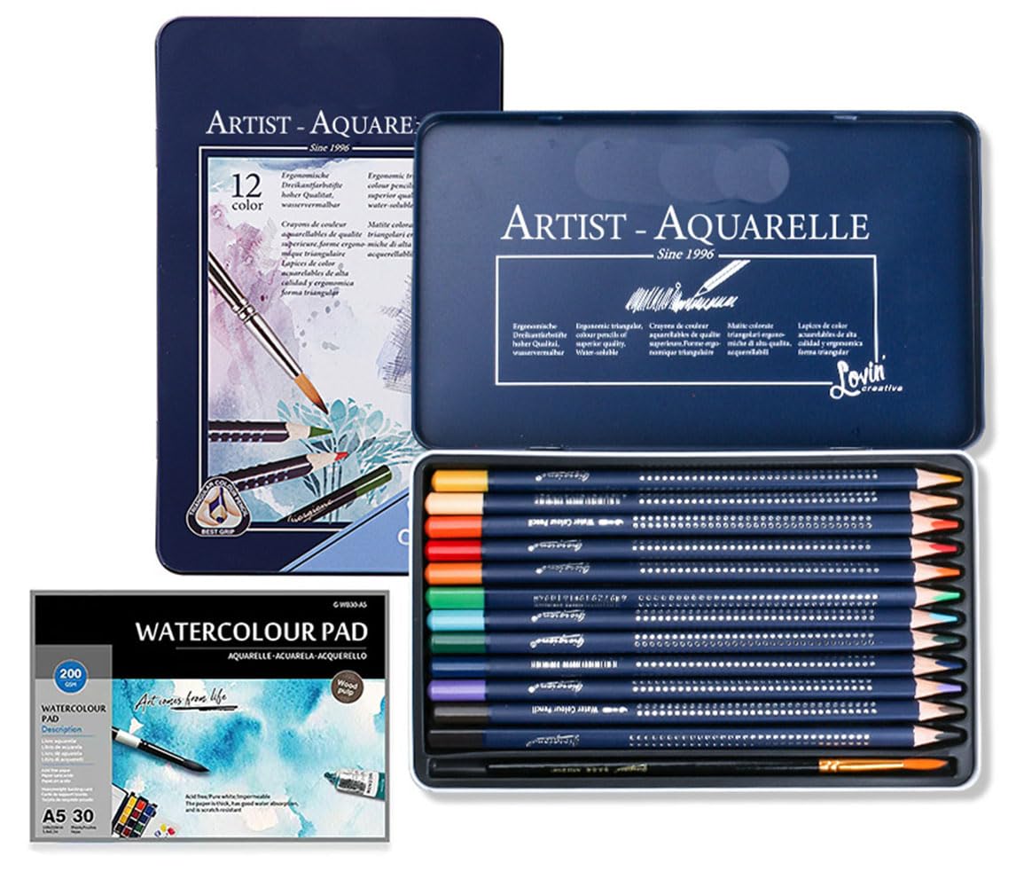 Roseelf Crayons de couleur, ensemble aquarelle (12 couleurs/24 couleurs/36 couleurs/48 couleurs/72 couleurs/120 couleurs), soluble dans l'eau, crayon, fournitures d'art, 1 papier aquarelle A5, écoles