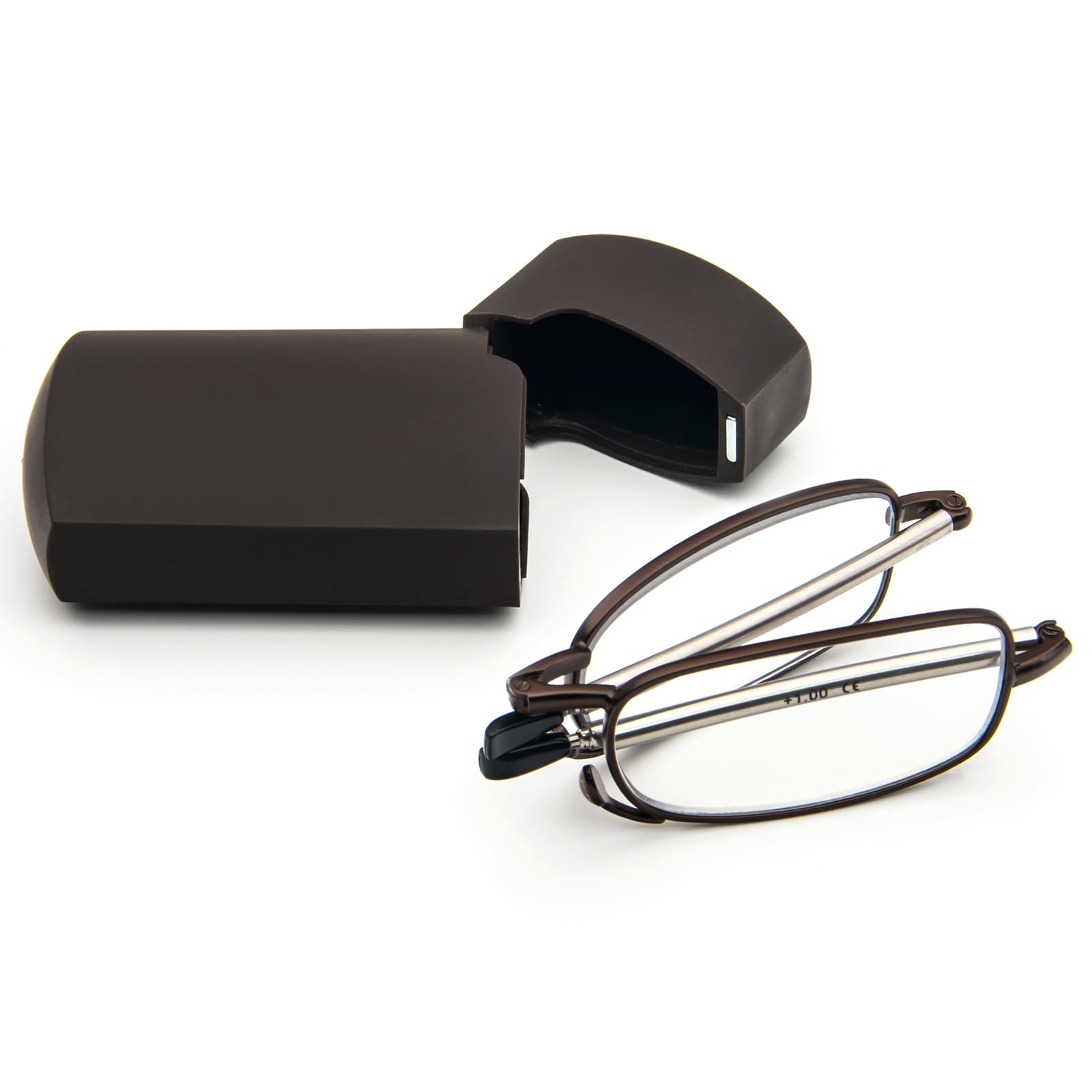 KoKoBin Faltbare Lesebrille aus Edelstahl Mini Anti-Blau Sehnhilfe für Damen und Herren Lesehilfe mit Hartschalen-Etui(Braun，+3.5)