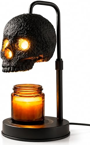 Skull Candle Warmer Lamp with Timer and Dimmer, Gothic Candle Holder Height Adjustable with 2 Light Bulbs,Black Spooky Gothic Home Decor,Halloween Witchy Gifts