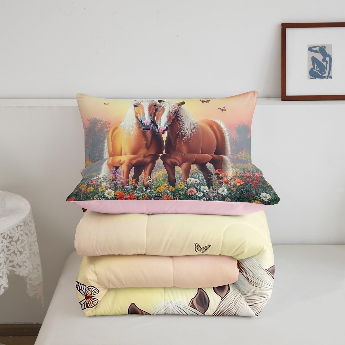 Horse Bedding Sets Toddler Size, Botanical Floral Comforter Set for Kids Adults, Western Cowgirl Bedding Comforter Sets Aesthetic Country Bed Set, Horse Decor for Girls Room (Pink Reversible)