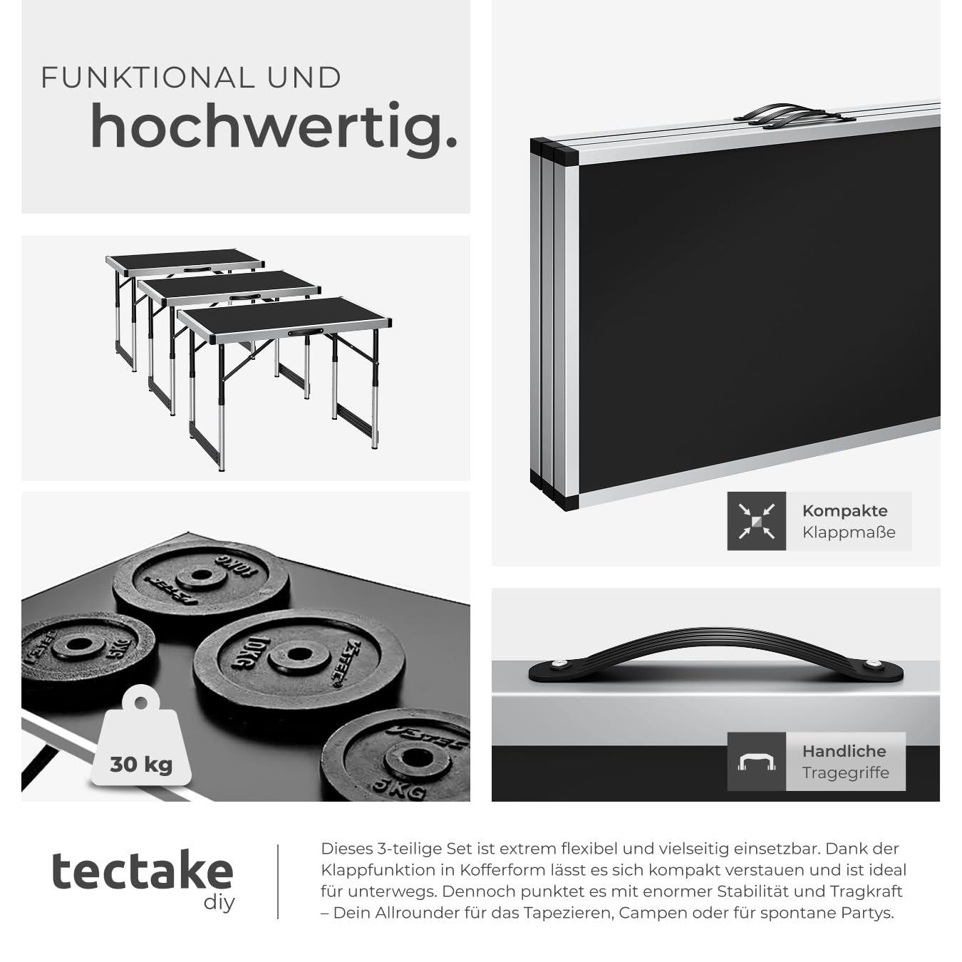 tectake Alu Tapeziertisch 3 teilig, Multifunktionstisch, Mehrzwecktisch, Campingtisch, 100 x 60 cm, Partytisch, Flohmarkttisch, Arbeitstisch klappbar, höhenverstellbar, MDF Platten - schwarz